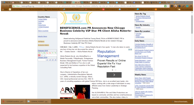 Alisha Press Release Screenshot BondGirl007PenTerprises.com for Beneficience.com PR Clientele